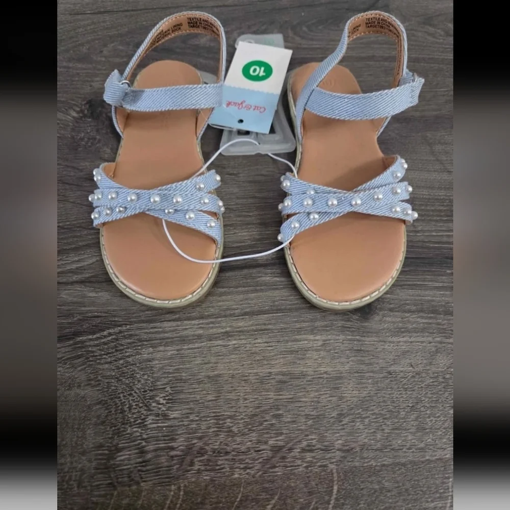 Cat & Jack Girls Denim Pearl Embellished Sandals Size 10 NWT